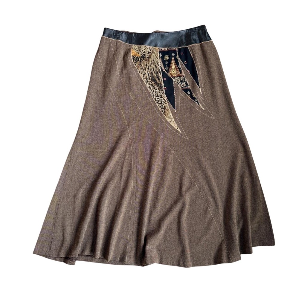 VTG Koos of Course Brown Patchwork Leather Trim Midi Skirt‎ Womens 14